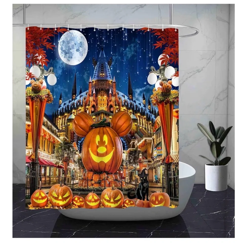 Pumpkin Mickey Mouse Halloween Shower Curtain, 72 x 72,Cartoon Pumpkin Castle